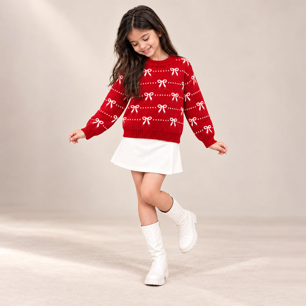 Little Surprise Box, Red White Bow Dotted Knitted Winter Cardigan, Christmas Sweater for Kids