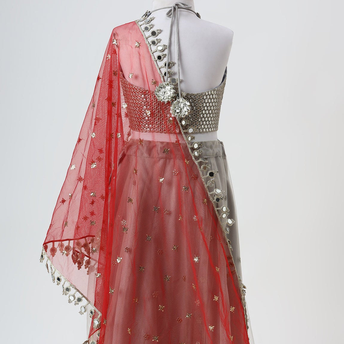 Silver Grey Mirror Embroidered Net Lehenga Set - image 2