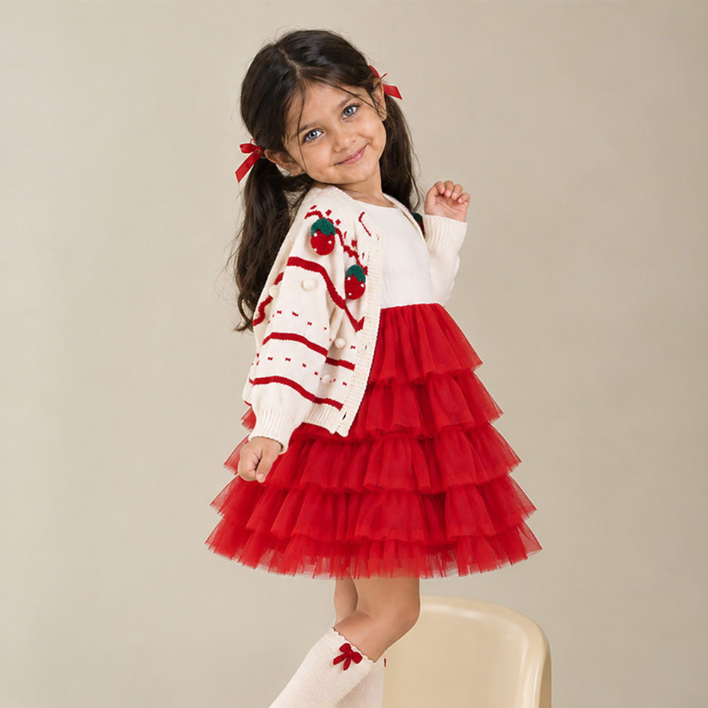 Little Surprise Box, White Strawberry Cardigan & White-Red Ruffle Frock, Winterwear 2 Pcs Set for Girls
