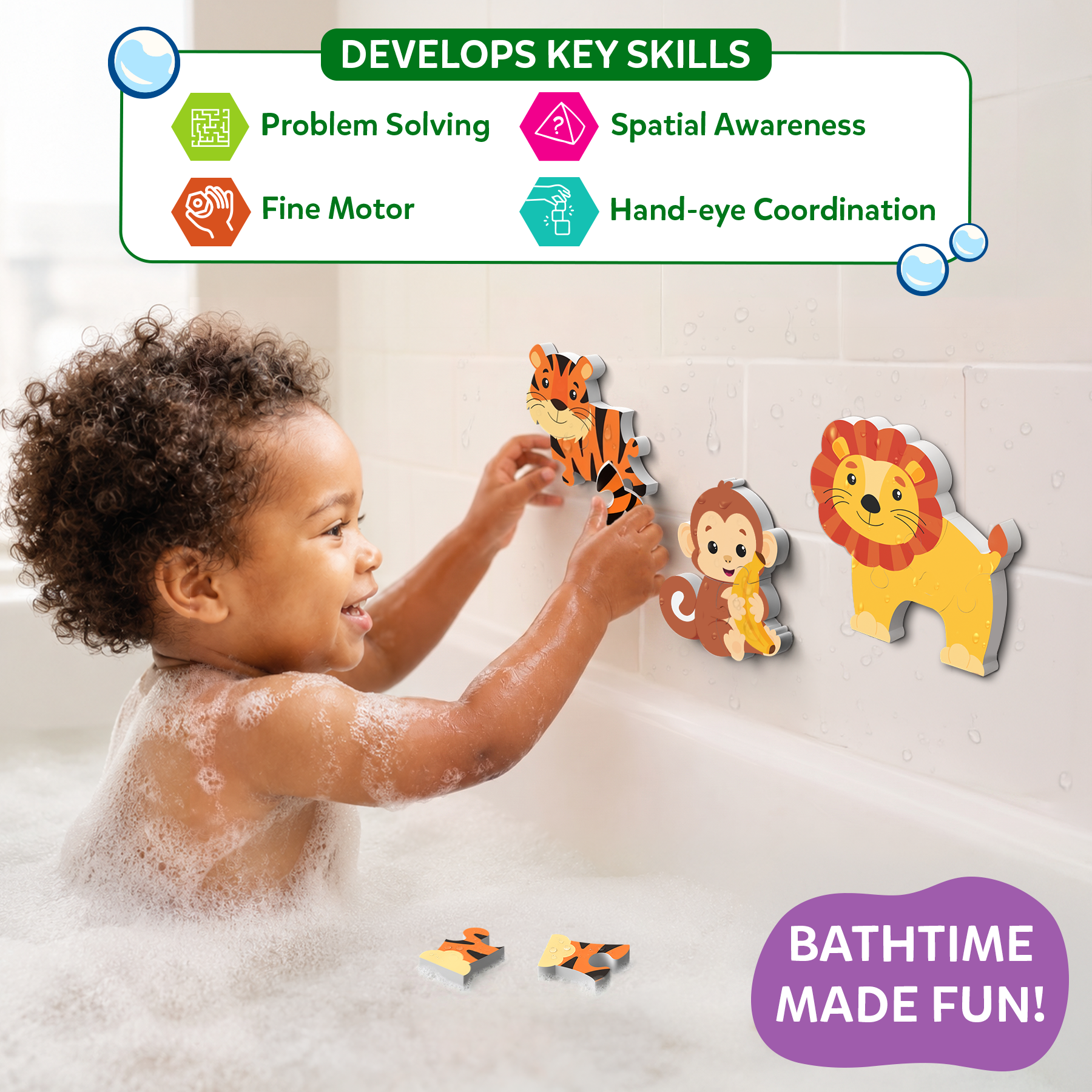 Skillmatics Bathtime Puzzles – Floating Foam Animal Puzzles - Wild Animals