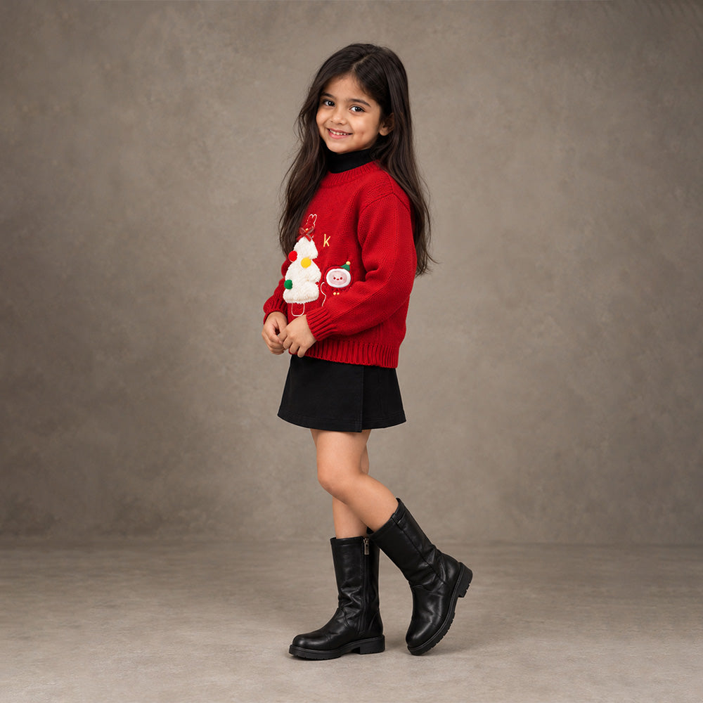 Little Surprise Box, Red Christmas Tree & Gingerbread Knitted Winter Cardigan, Christmas Sweater for Kids