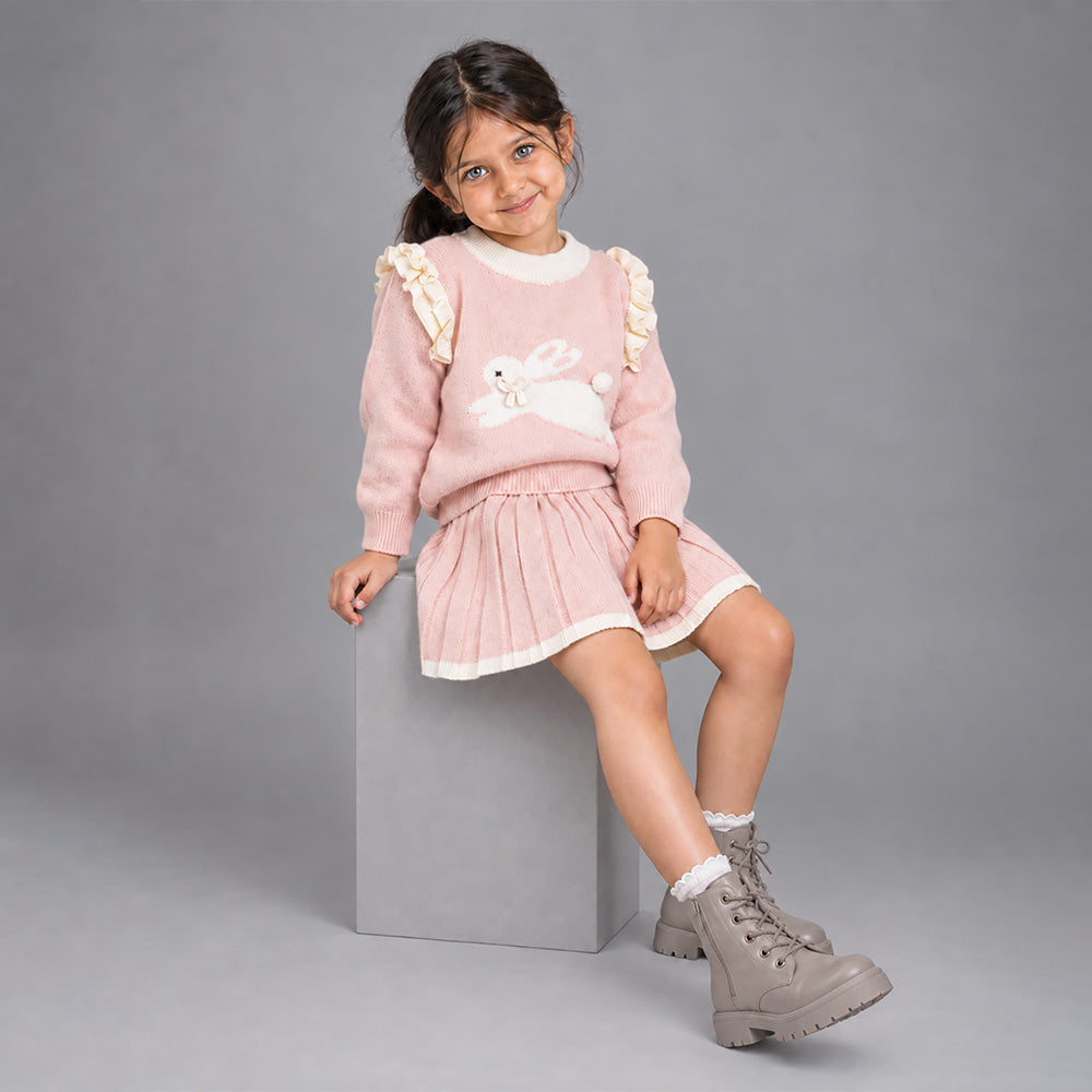 Little Surprise Box, Peach Bunny Sweater & Pleated Skirt, Winterwear 2 Pcs Set for Girls