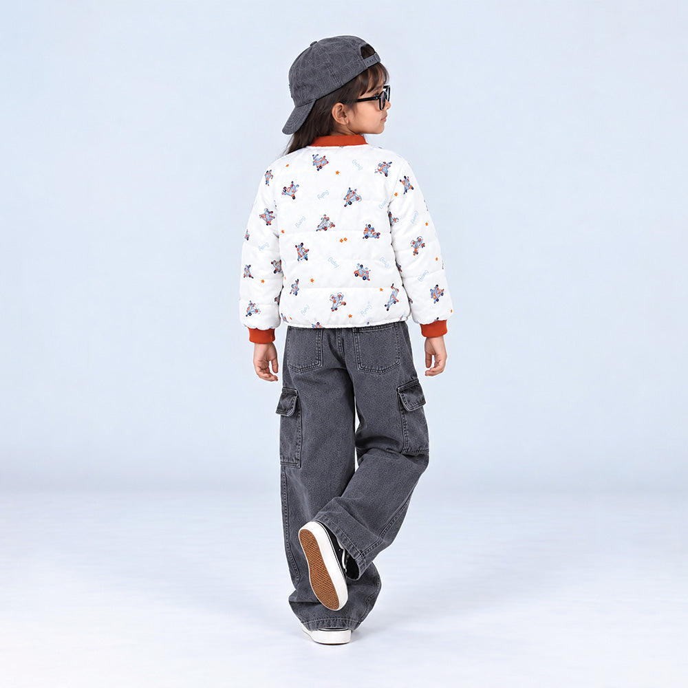 Little Surprise Box Ivory & Brown Plane Quilted Bomber Winter Jacket for Kids