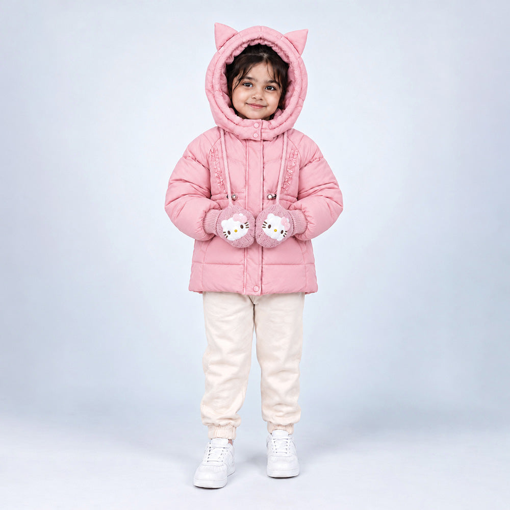 Little Surprise Box Pink Cat Glitter Quilted Hooded Winter Jacket with Mittens for Kids