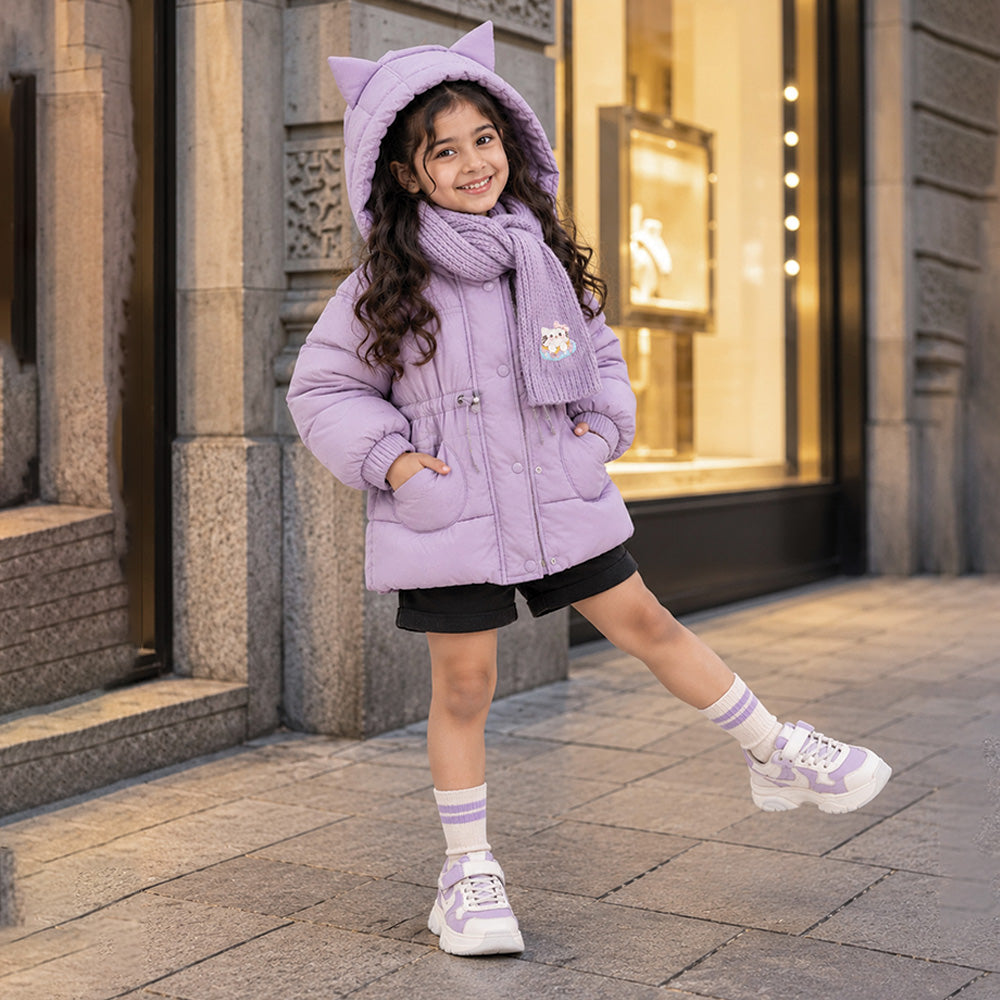 Little Surprise Box Purple Cat Glitter Quilted Hooded Winter Jacket with Muffler for Kids