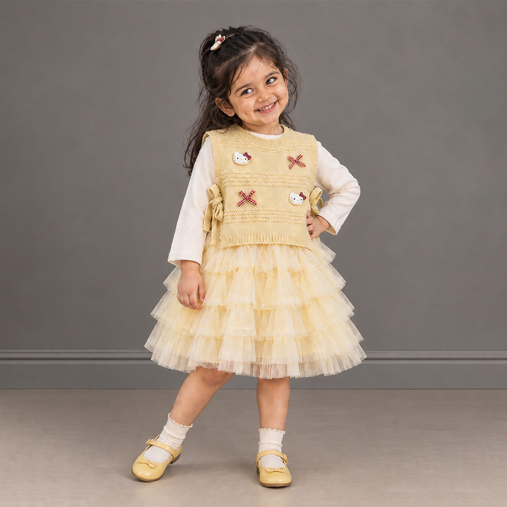 Little Surprise Box, Light Green Kitty Knitted Vest & White-Yellow Ruffle Frock Winterwear 2 Pcs Set for Girls