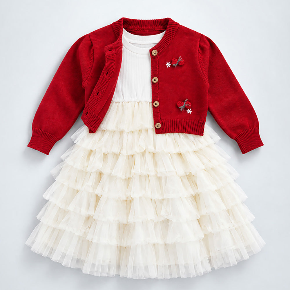 Little Surprise Box, Red 3D Bow Cardigan & White-Ivory Ruffle Frock, Winterwear 2 Pcs Set for Girls