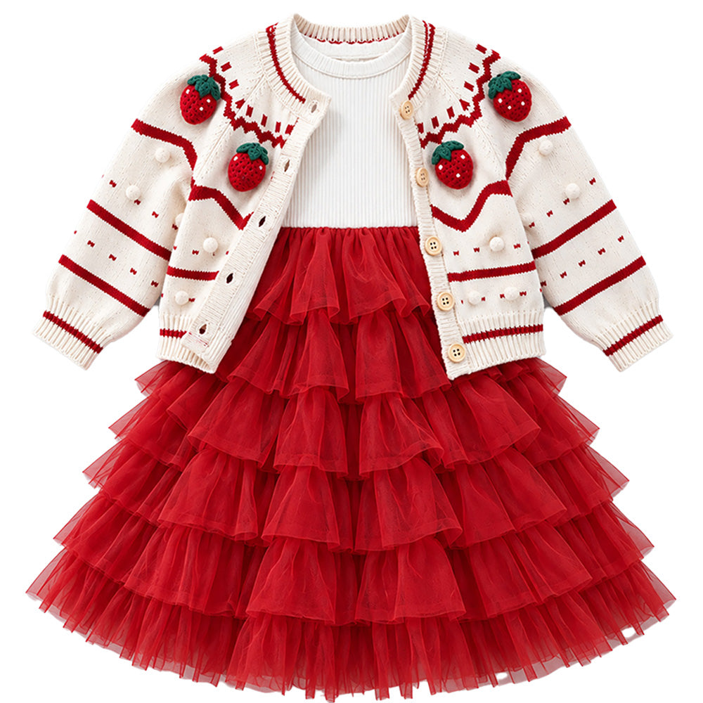 Little Surprise Box, White Strawberry Cardigan & White-Red Ruffle Frock, Winterwear 2 Pcs Set for Girls