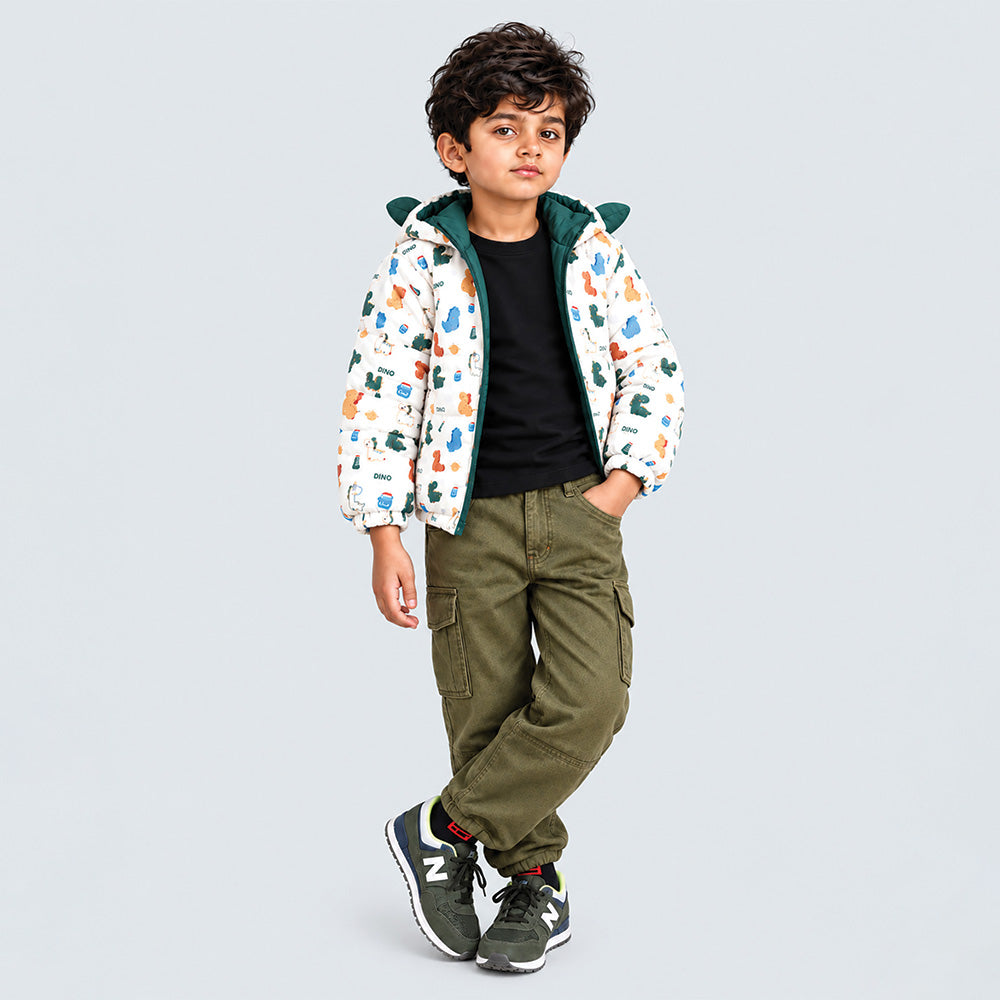 Little Surprise Box Cream & Green Baby Dino Quilted Hooded Winter Jacket for Kids