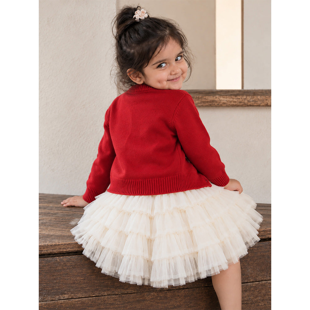 Little Surprise Box, Red 3D Bow Cardigan & White-Ivory Ruffle Frock, Winterwear 2 Pcs Set for Girls