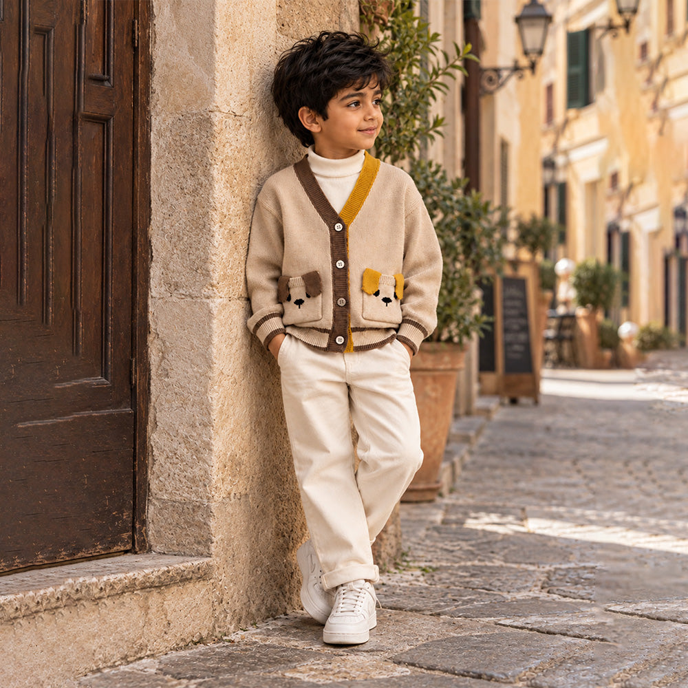 Little Surprise Box, Beige V-Neck Puppy Pocket V Neck Winter Cardigan Sweater for Kids