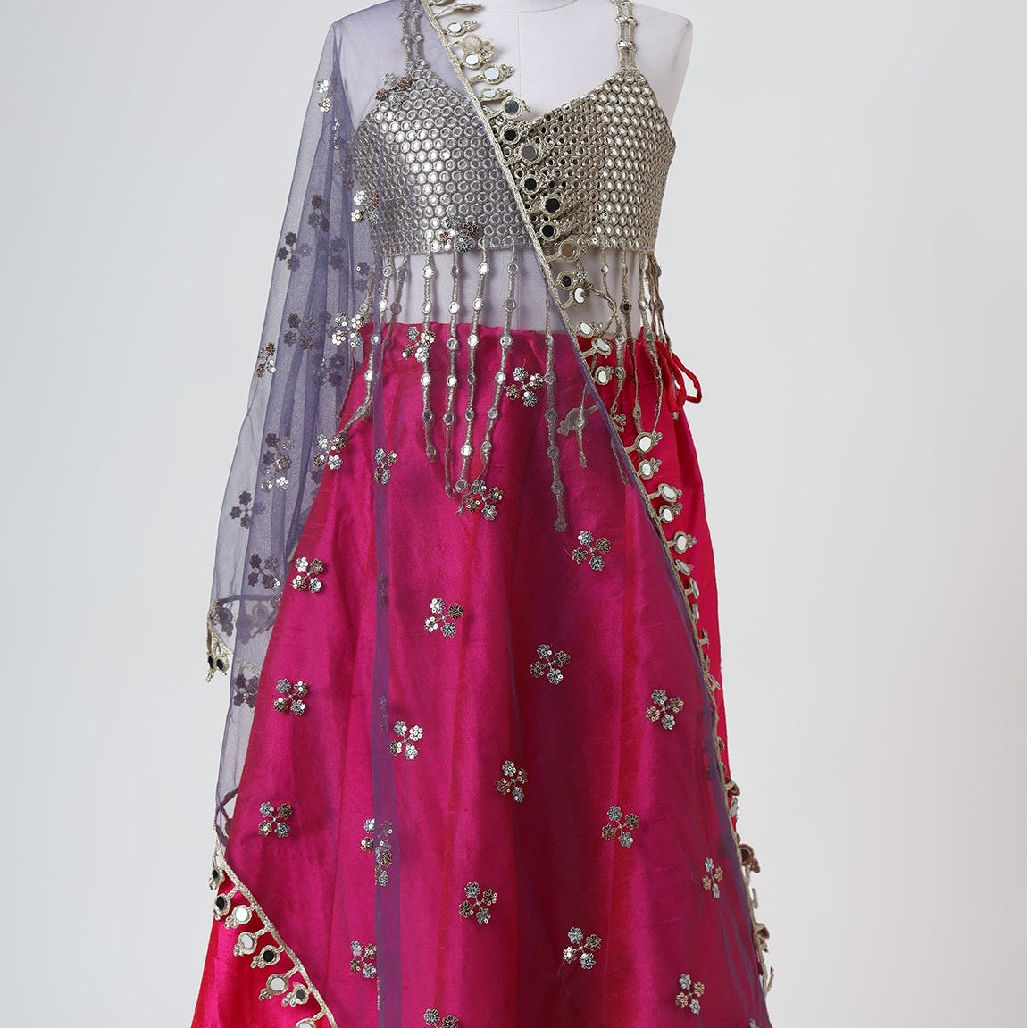 Silver Grey & Magenta Mirror Embroidered Lehenga Set - image 2