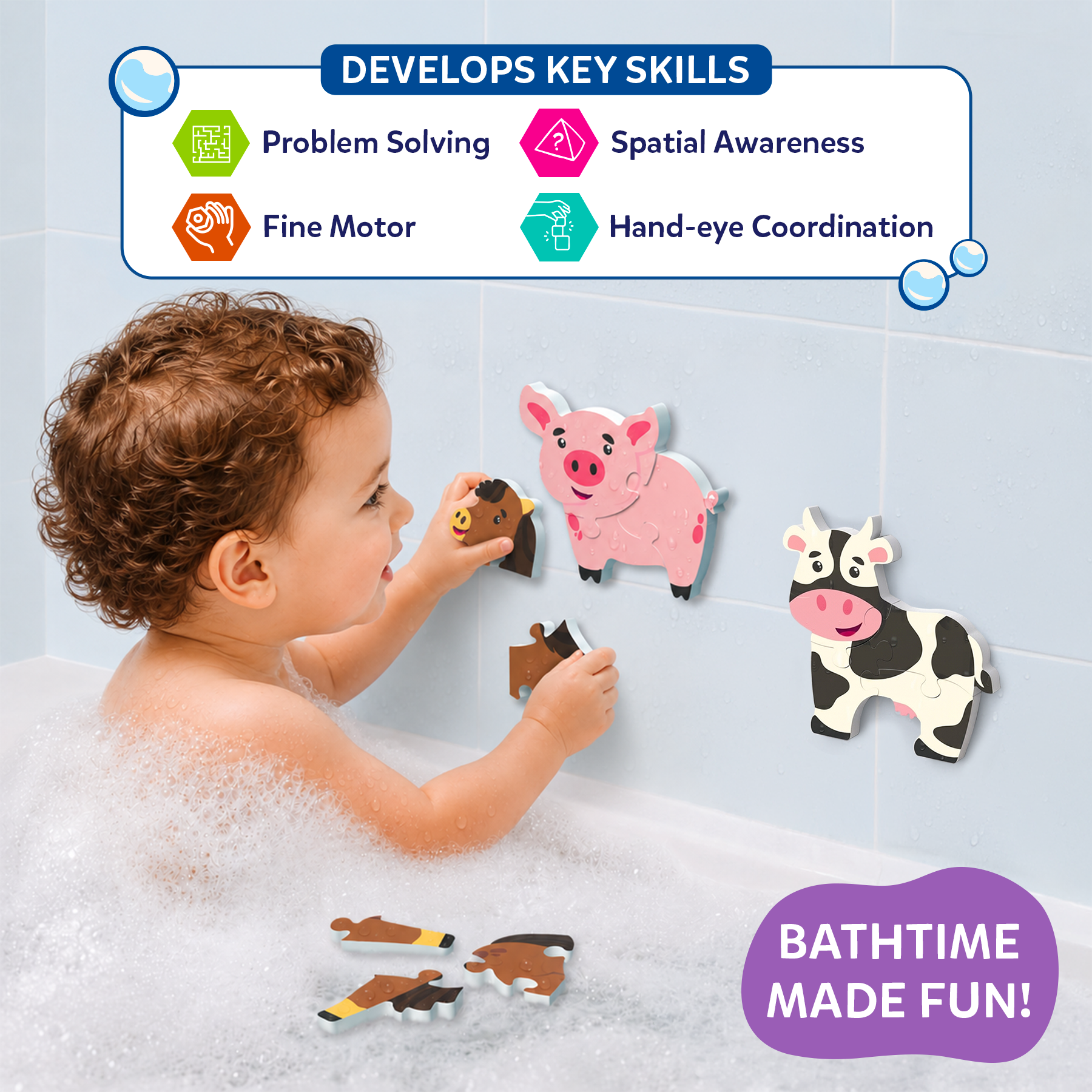 Skillmatics Bathtime Puzzles – Floating Foam Animal Puzzles - Farm Animals