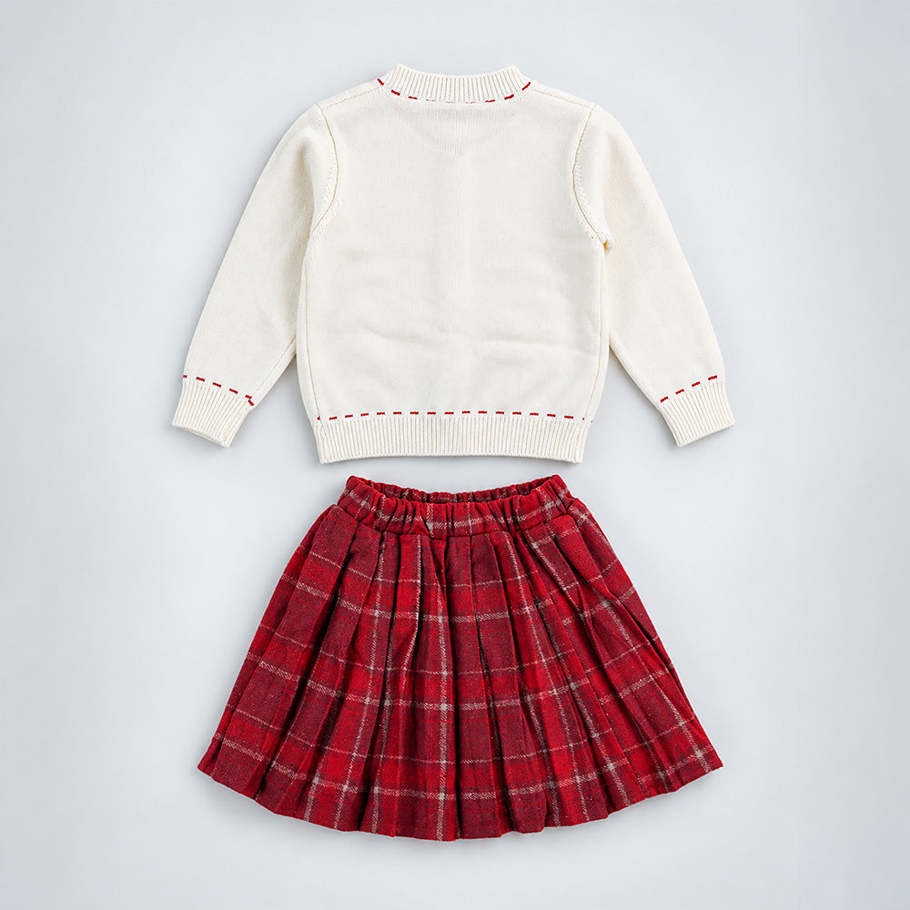 Little Surprise Box, Ivory Horse Cardigan & Maroon Checked Skirt, Winterwear, 2 Pcs Set for Girls