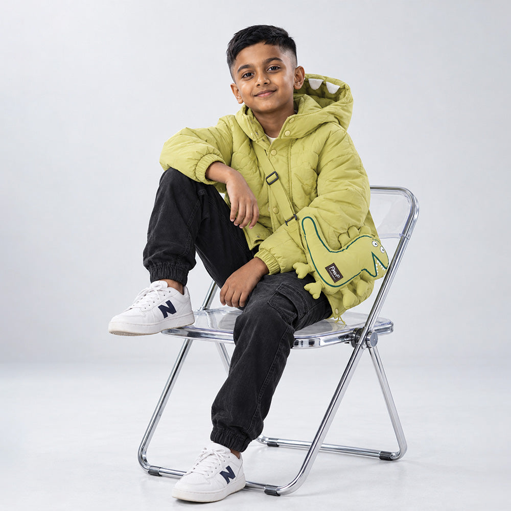 Little Surprise Box Olive Green Dino-Themed Quilted Hooded Winter Jacket for Kids