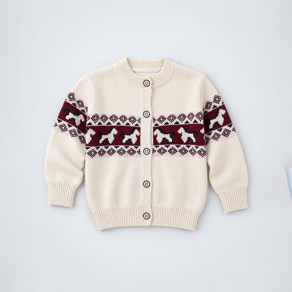 Little Surprise Box, Cream, Maroon & Navy Pattern Knitted Winter Cardigan, Christmas Sweater for Kids