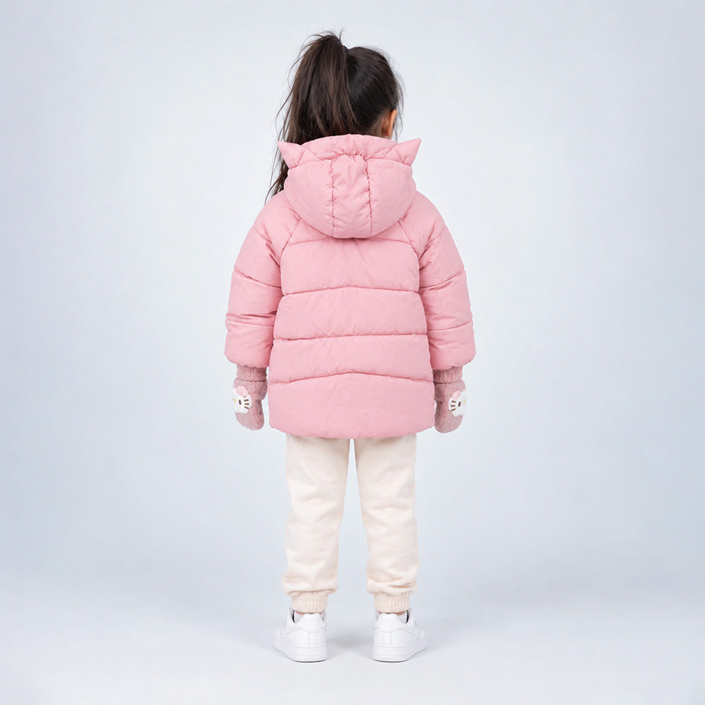 Little Surprise Box Pink Cat Glitter Quilted Hooded Winter Jacket with Mittens for Kids