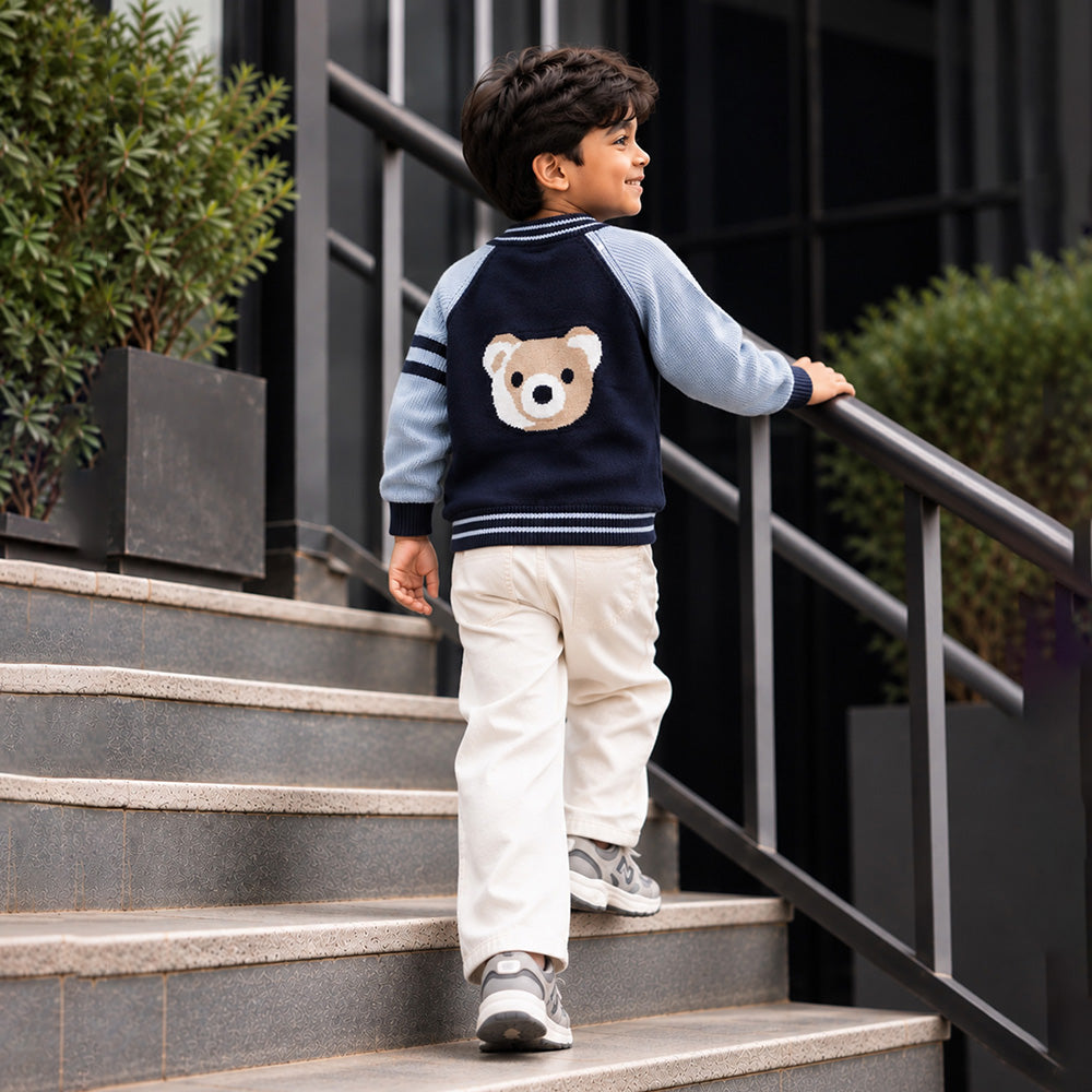 Little Surprise Box, Navy Blue & Grey Bear Varsity-Style Winter Cardigan Sweater for Kids