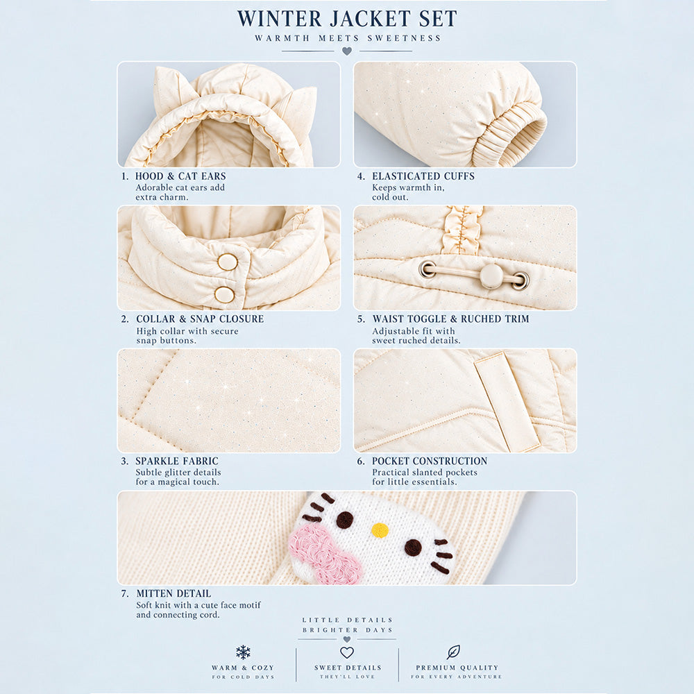 Little Surprise Box Ivory Cat Glitter Quilted Hooded Winter Jacket with Mittens for Kids