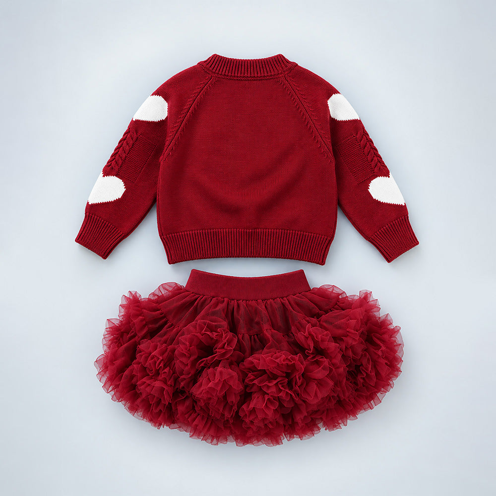 Little Surprise Box, Maroon Heart & Bow Sweater with Fluffy Ruffle Skirt, Winterwear, 2 Pcs Set for Girls