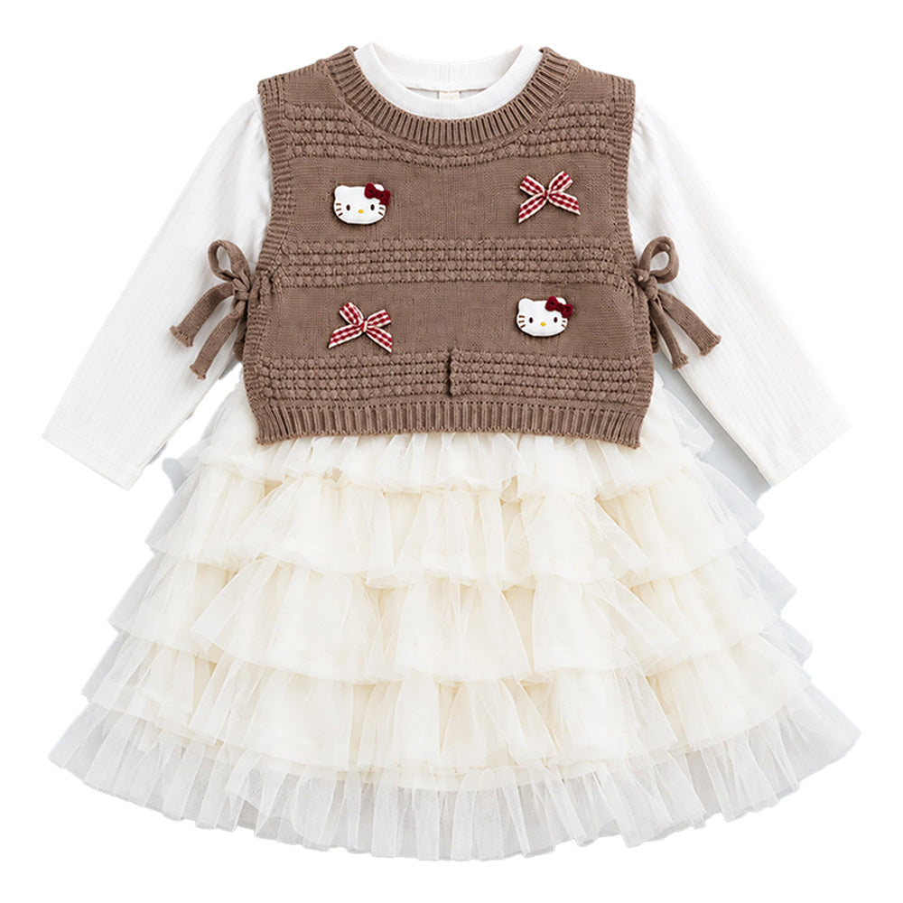 Little Surprise Box, Brown Kitty Knitted Vest & White-Ivory Ruffle Frock Winterwear 2 Pcs Set for Girls