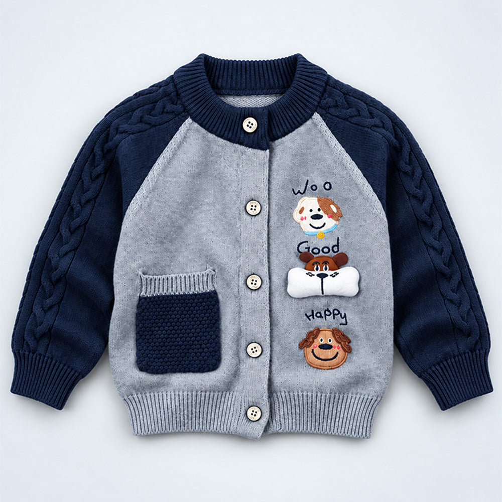 Little Surprise Box, Grey & Navy Blue Puppy Winter Cardigan Sweater for Kids