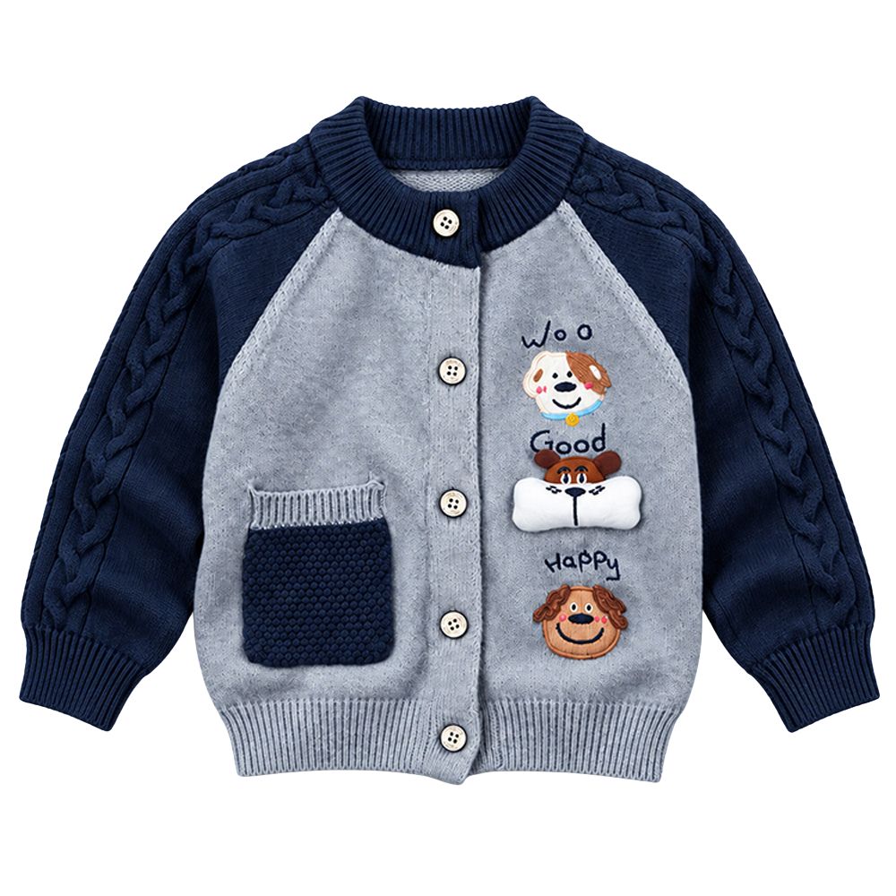 Little Surprise Box, Grey & Navy Blue Puppy Winter Cardigan Sweater for Kids
