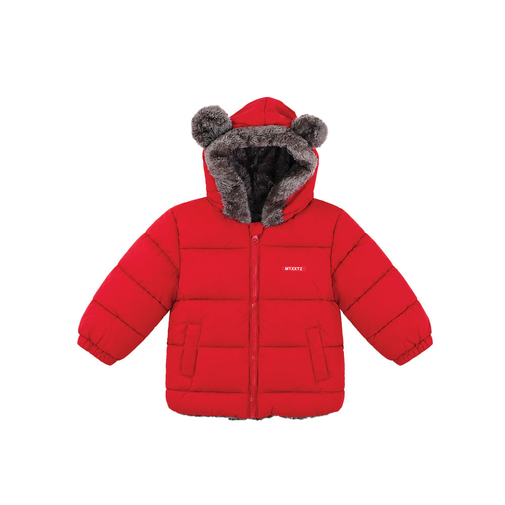 Little Surprise Box Red Bear-Ear Faux-Fur Hooded Quilted Winter Jacket for Kids