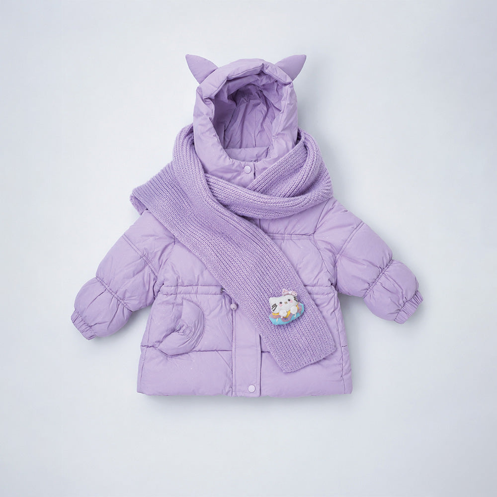 Little Surprise Box Purple Cat Glitter Quilted Hooded Winter Jacket with Muffler for Kids