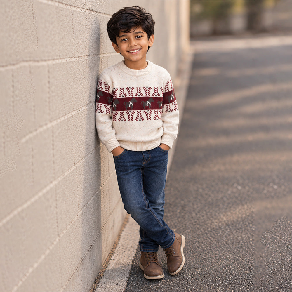 Little Surprise Box, Cream Horse Pattern Knitted Winter Cardigan, Christmas Sweater for Kids