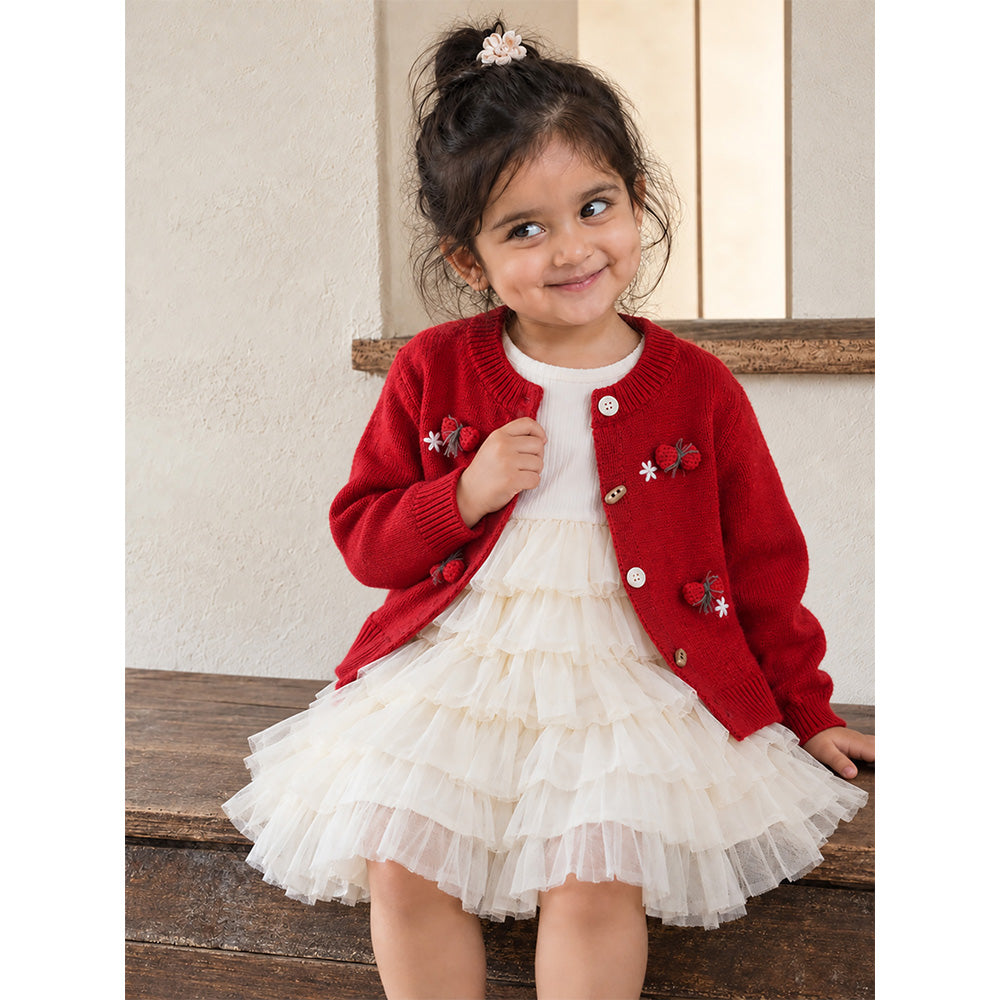Little Surprise Box, Red 3D Bow Cardigan & White-Ivory Ruffle Frock, Winterwear 2 Pcs Set for Girls