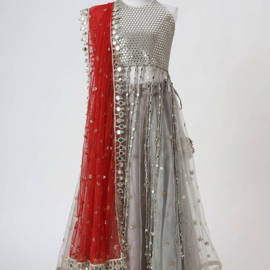 Silver Grey Mirror Embroidered Net Lehenga Set - image 1