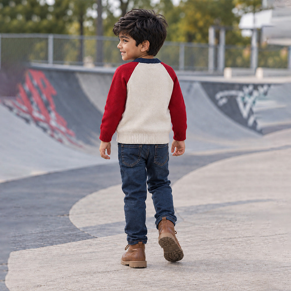 Little Surprise Box, Cream & Maroon Sporty Bear Winter Cardigan, Christmas Sweater for Kids