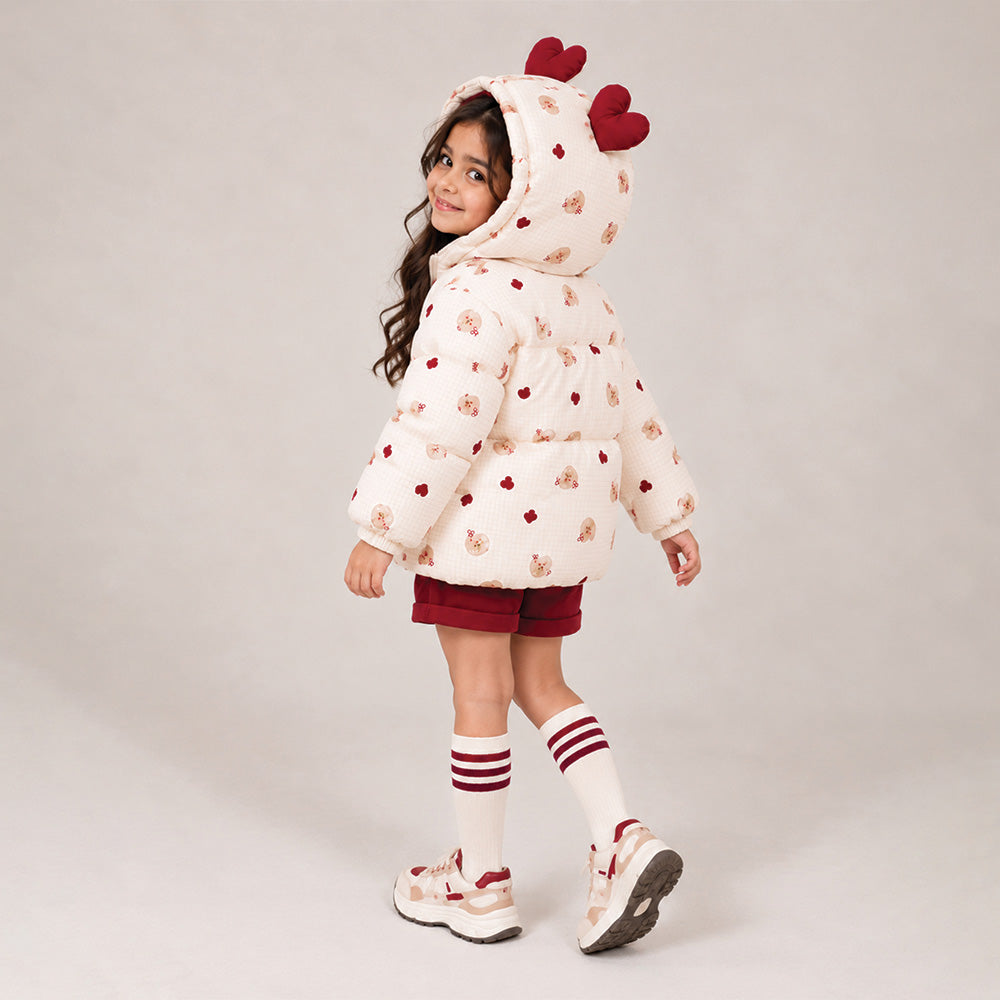 Little Surprise Box Cream & Maroon  Heart Teddy Quilted Hooded Winter Jacket for Kids