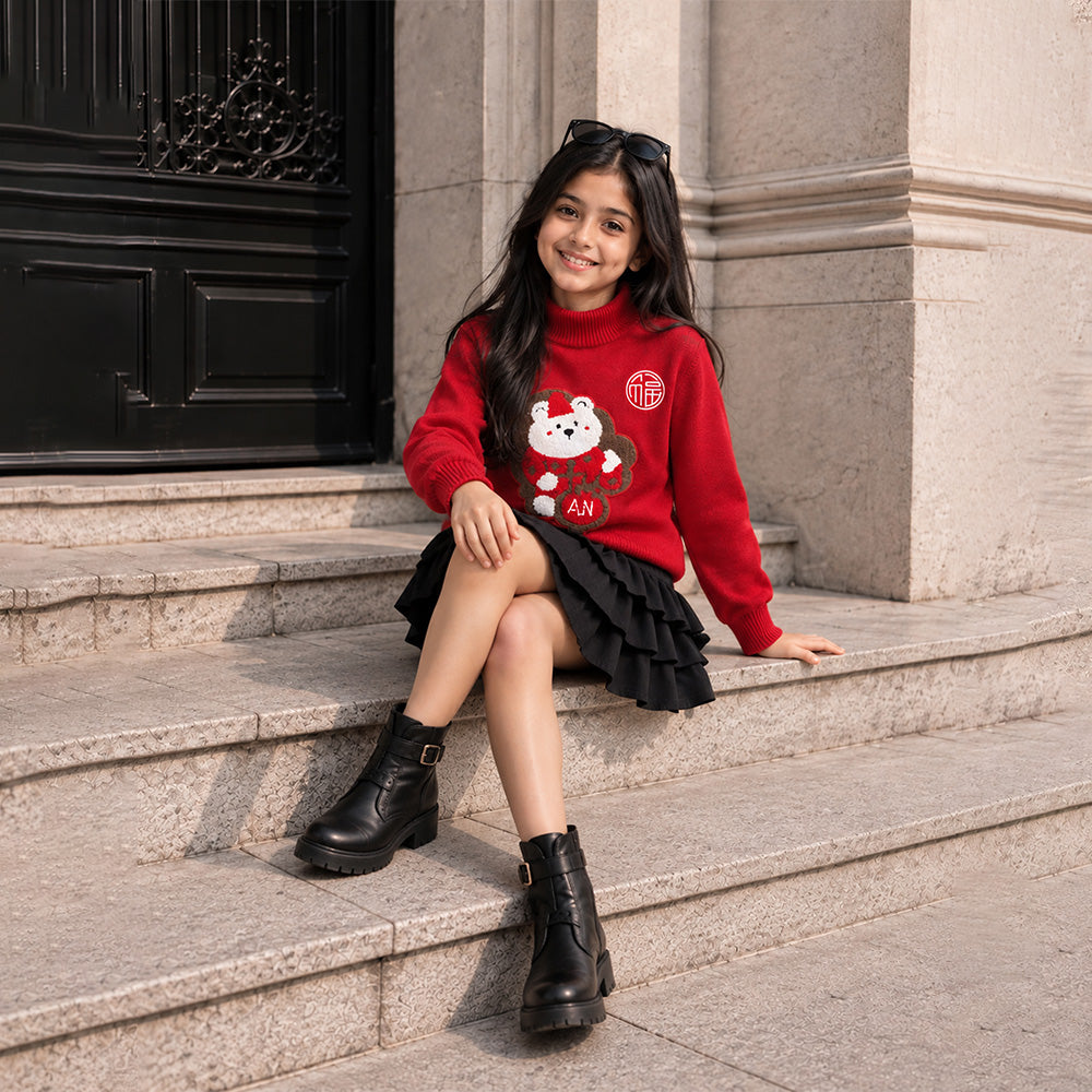 Little Surprise Box, Red White Bear Knitted Winter Cardigan, Christmas Sweater for Kids