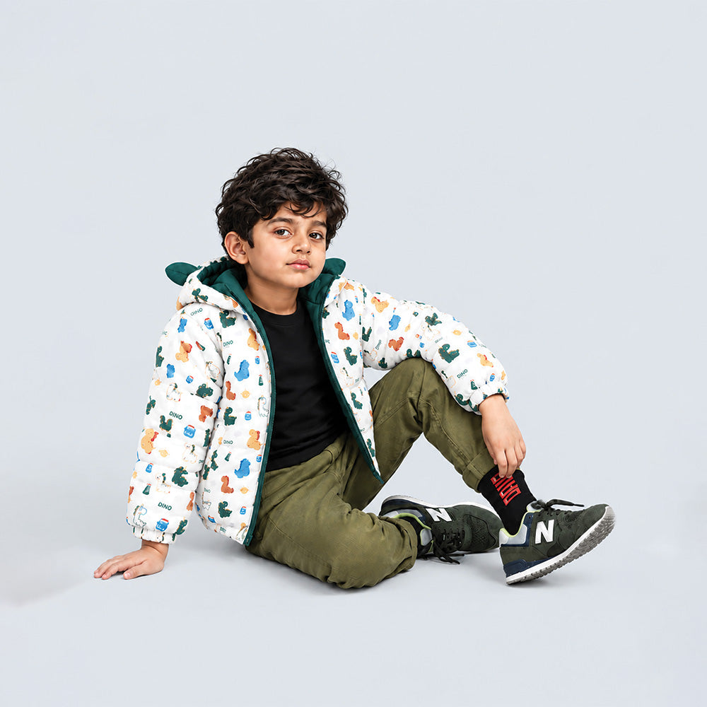 Little Surprise Box Cream & Green Baby Dino Quilted Hooded Winter Jacket for Kids