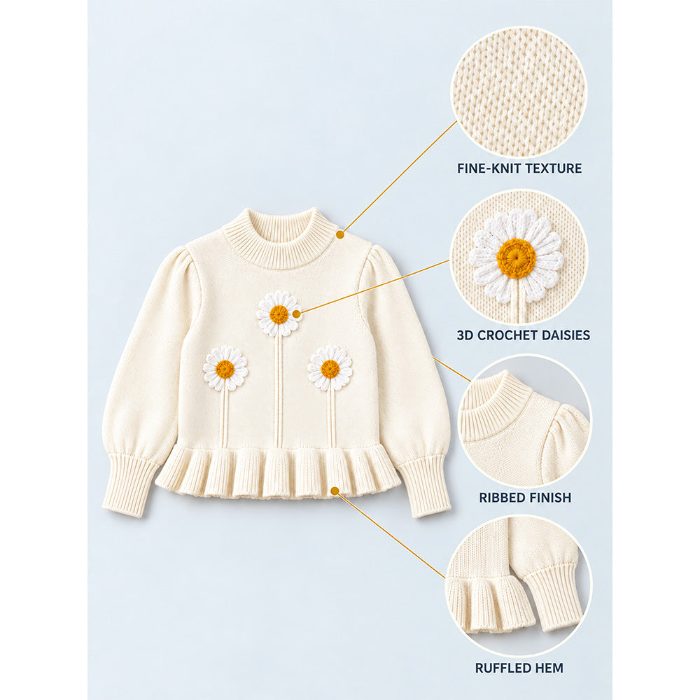 Little Surprise Box, Cream Daisy Knitted Peplum Winter Cardigan Sweater for Girls