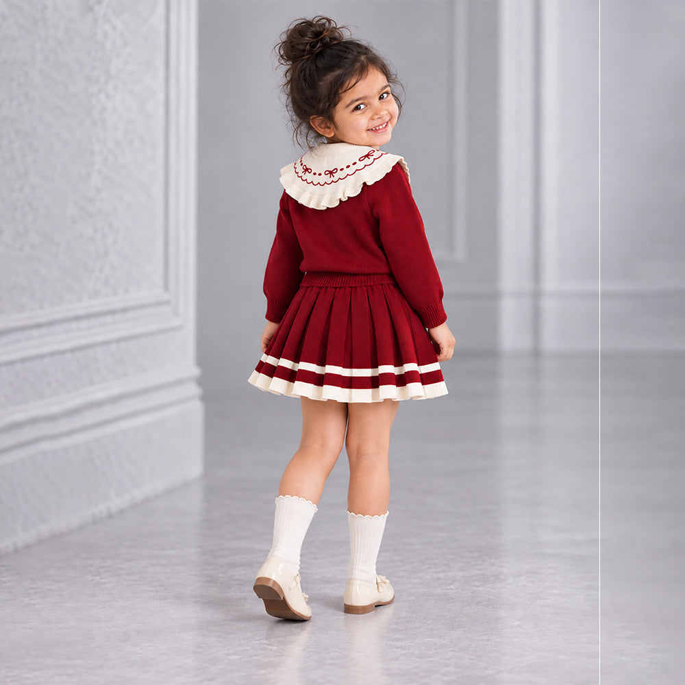 Little Surprise Box, Maroon Ruffle-Collar Sweater & Pleated Skirt with Bow Pom-Pom Clip, Winterwear 2 Pcs Set for Girls