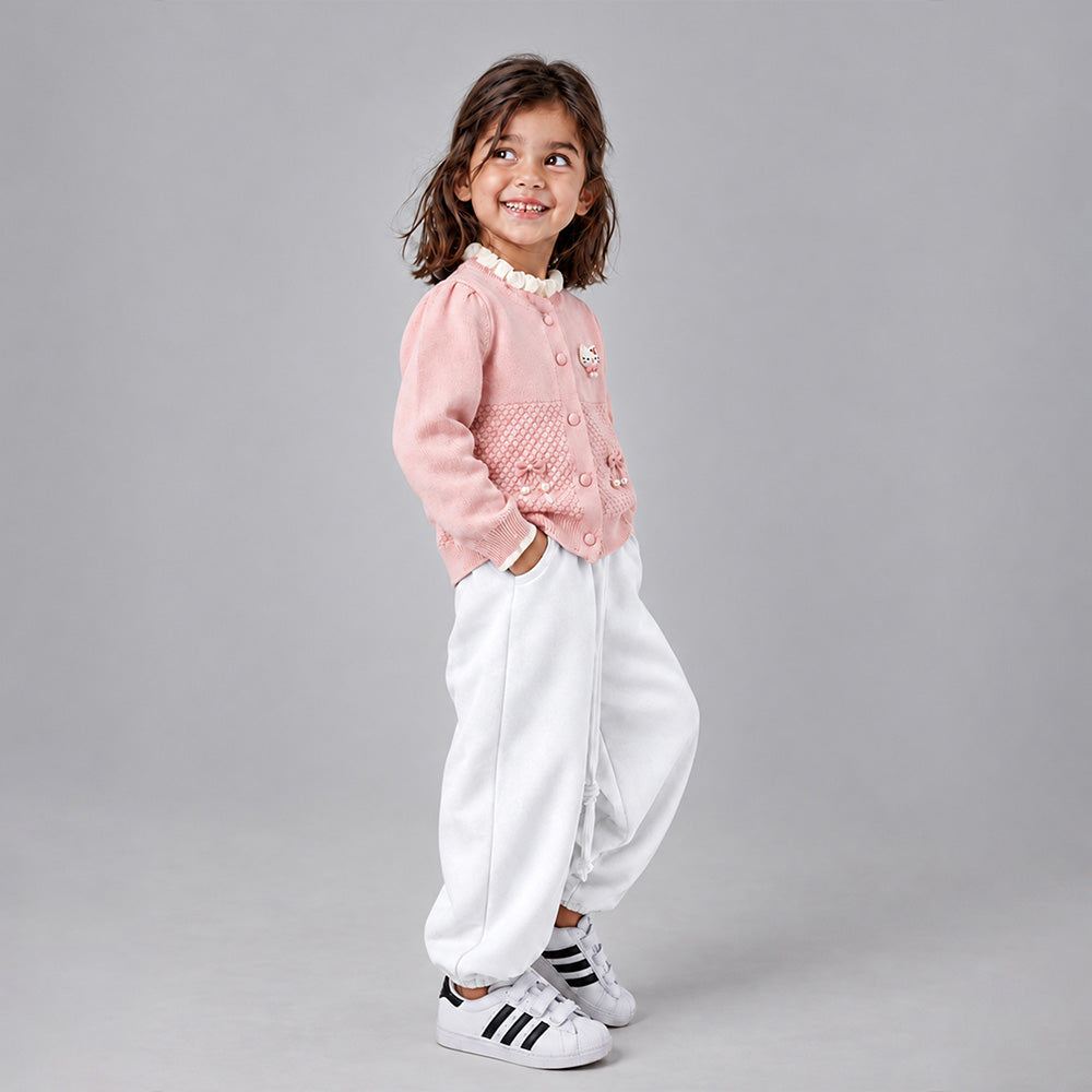 Little Surprise Box, Peach Ruffle Neck Cat Bow Knitted Winter Cardigan Sweater for Girls