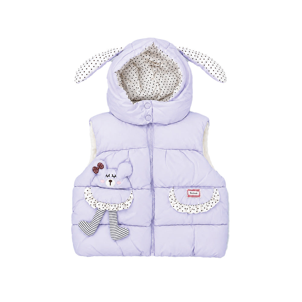Little Surprise Box Purple Polka Dots Cute Character-Themed Quilted Hooded Sleeveless Winter Jacket for Kids