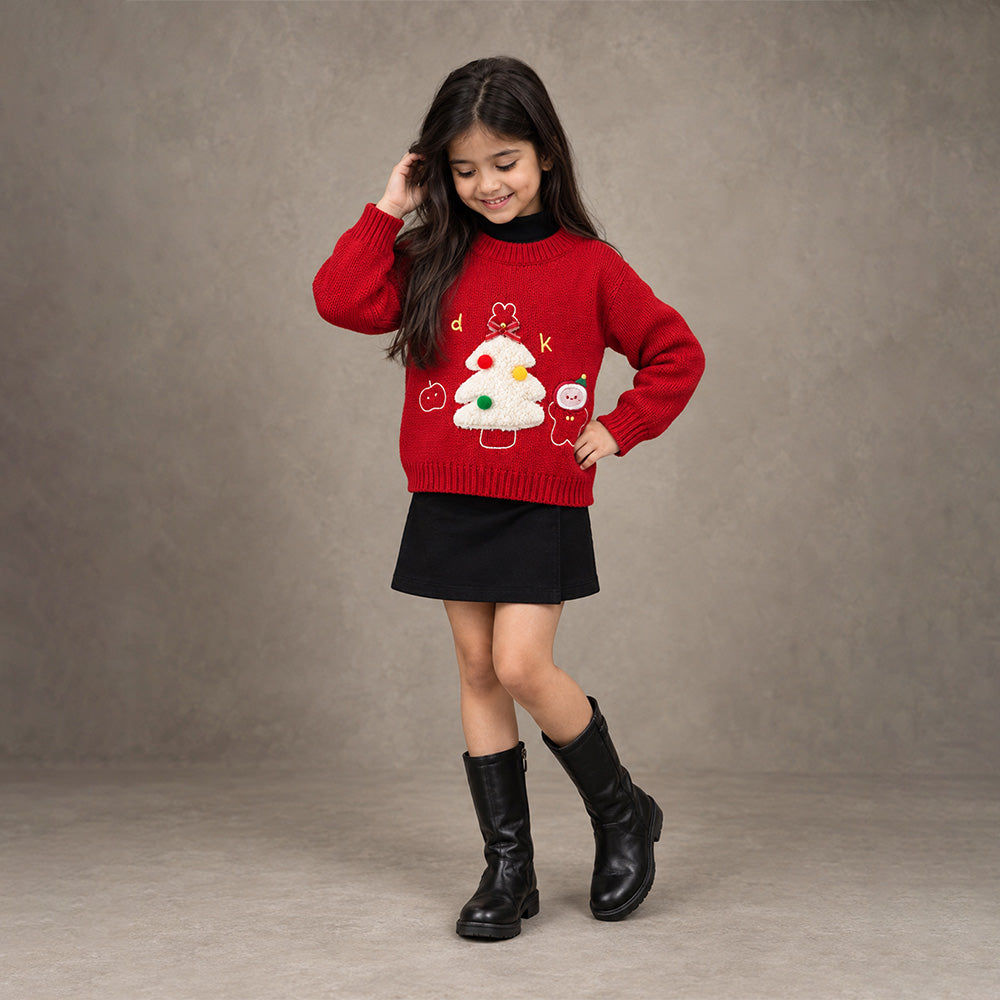 Little Surprise Box, Red Christmas Tree & Gingerbread Knitted Winter Cardigan, Christmas Sweater for Kids