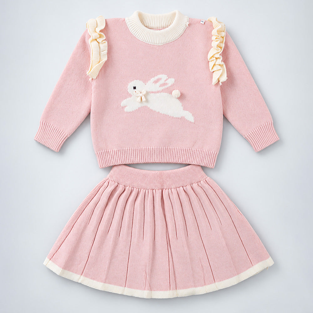 Little Surprise Box, Peach Bunny Sweater & Pleated Skirt, Winterwear 2 Pcs Set for Girls