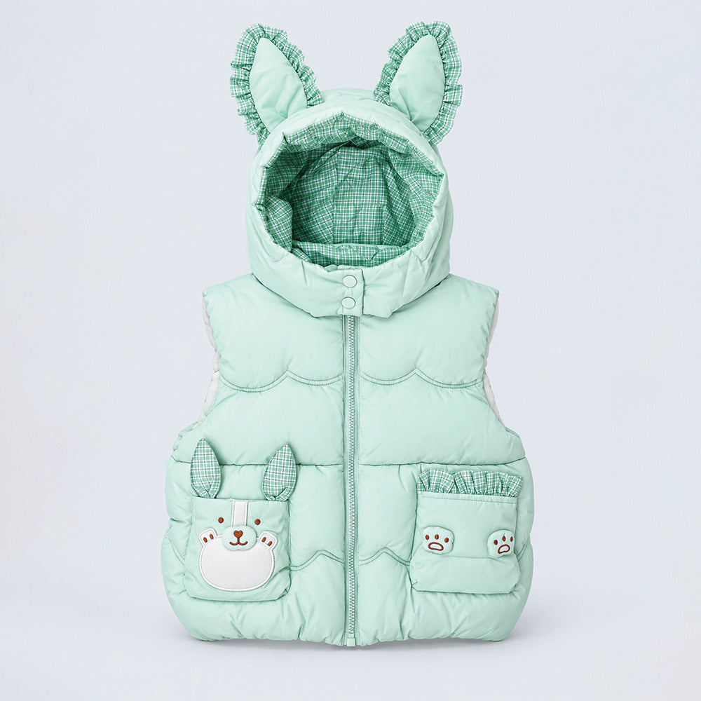 Little Surprise Box Green Bunny-Themed Quilted Hooded Sleeveless Winter Jacket for Kids