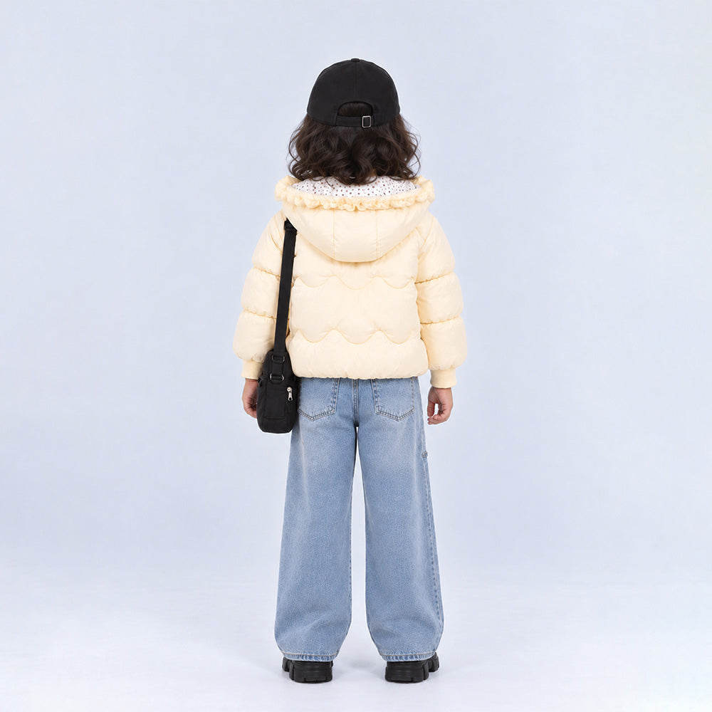Little Surprise Box Pastel Yellow Butterfly Heart Quilted Hooded Winter Jacket for Kids
