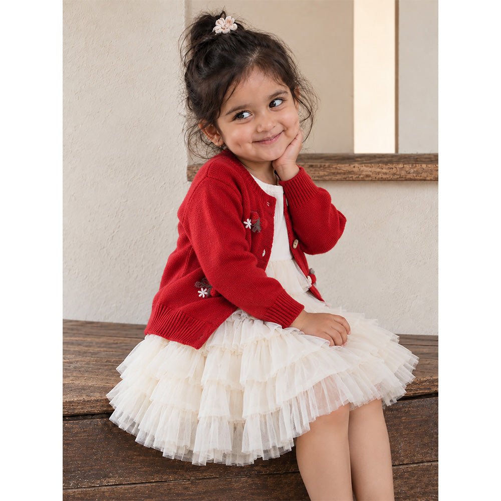 Little Surprise Box, Red 3D Bow Cardigan & White-Ivory Ruffle Frock, Winterwear 2 Pcs Set for Girls