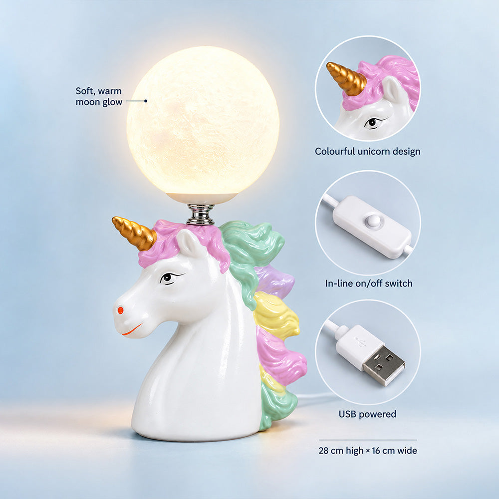Little Surprise Box, White ceramic Unicorn Moon, side Bed Table Lamp, Kids Room Decor