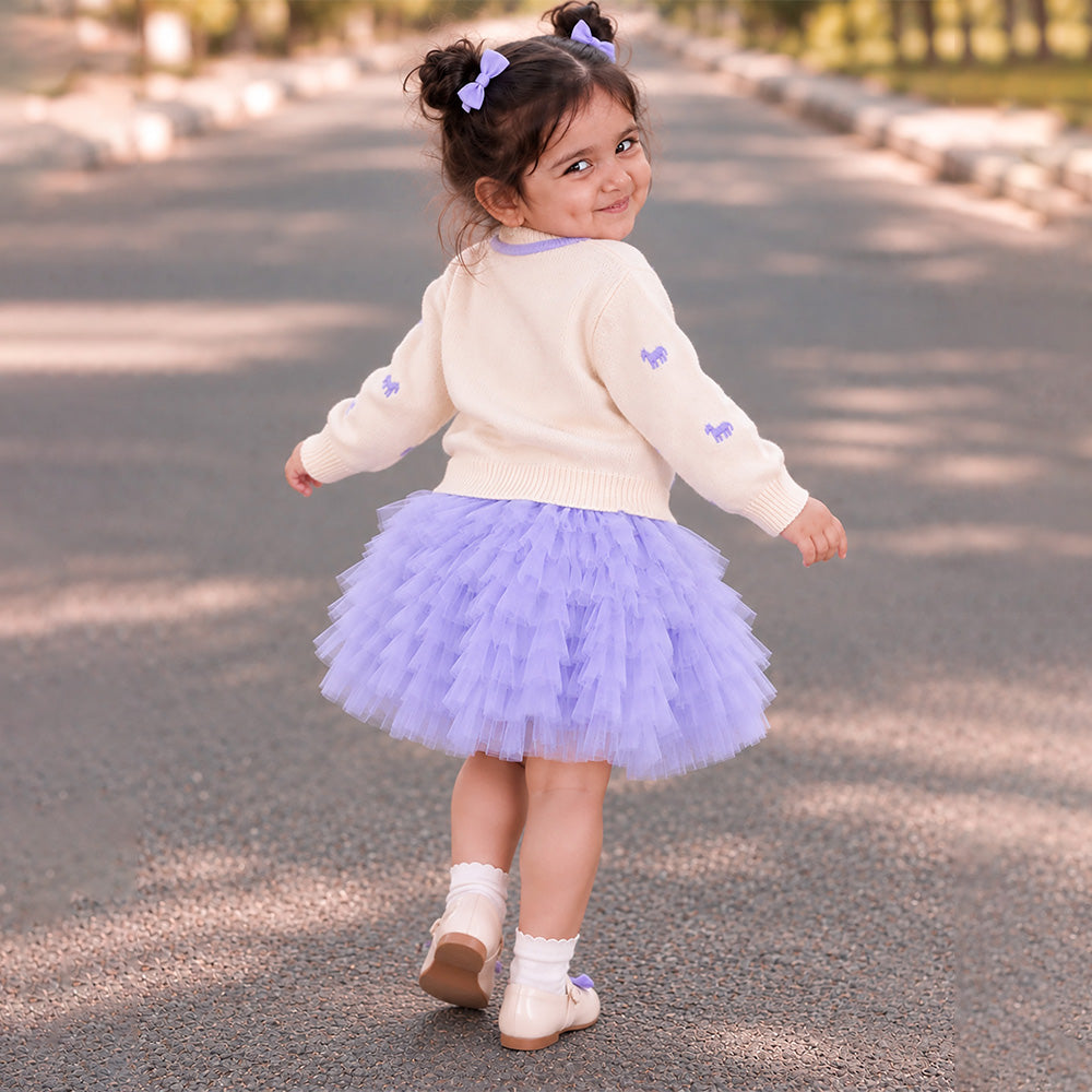 Little Surprise Box, Ivory Horse Sweater & Purple Ruffle Skirt with Detachable Bow Clip, Winterwear 2 Pcs Set for Girls