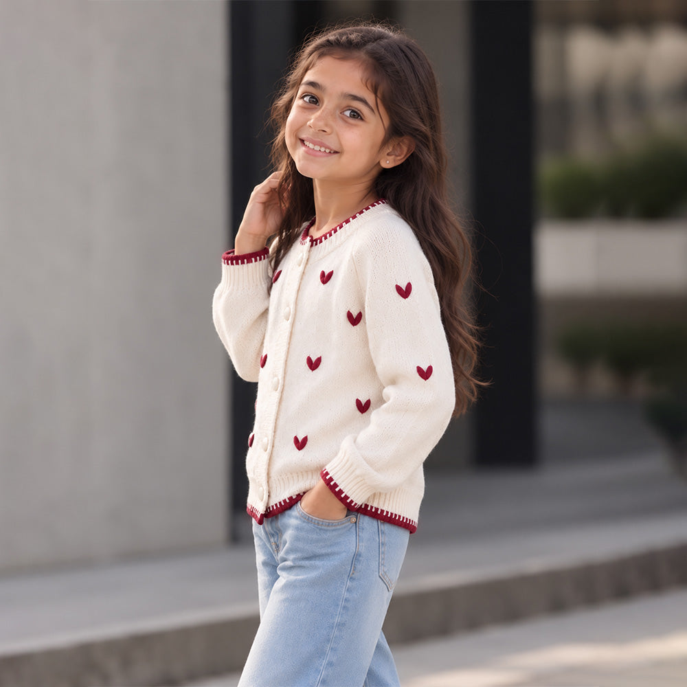 Little Surprise Box, Cream & Maroon Mini Hearts Knitted Winter Cardigan, Christmas Sweater for Kids