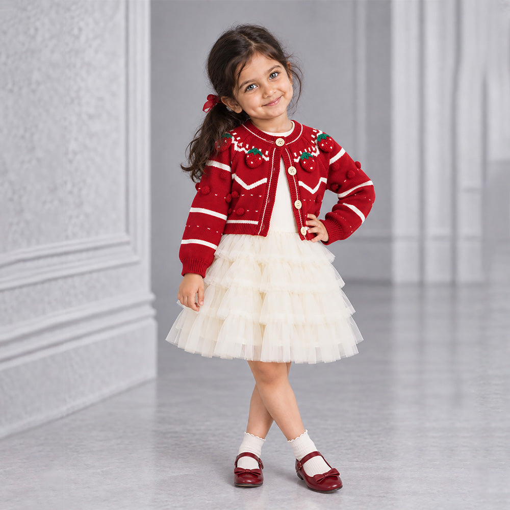 Little Surprise Box, Red Strawberry Cardigan & White-Ivory Ruffle Frock, Winterwear 2 Pcs Set for Girls