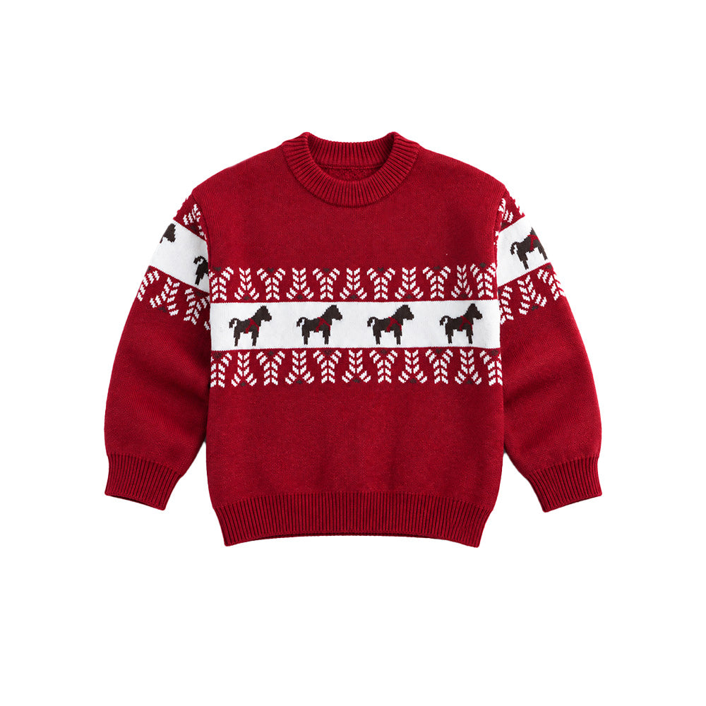 Little Surprise Box, Red Horse Pattern Knitted Winter Cardigan, Christmas Sweater for Kids